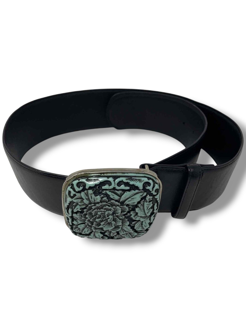 Giorgio Armani Black Leather Belt Turquoise Floral Buckle Set In Silver